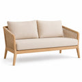 Drewniana sofa dwuosobowa z beżową tkaniną