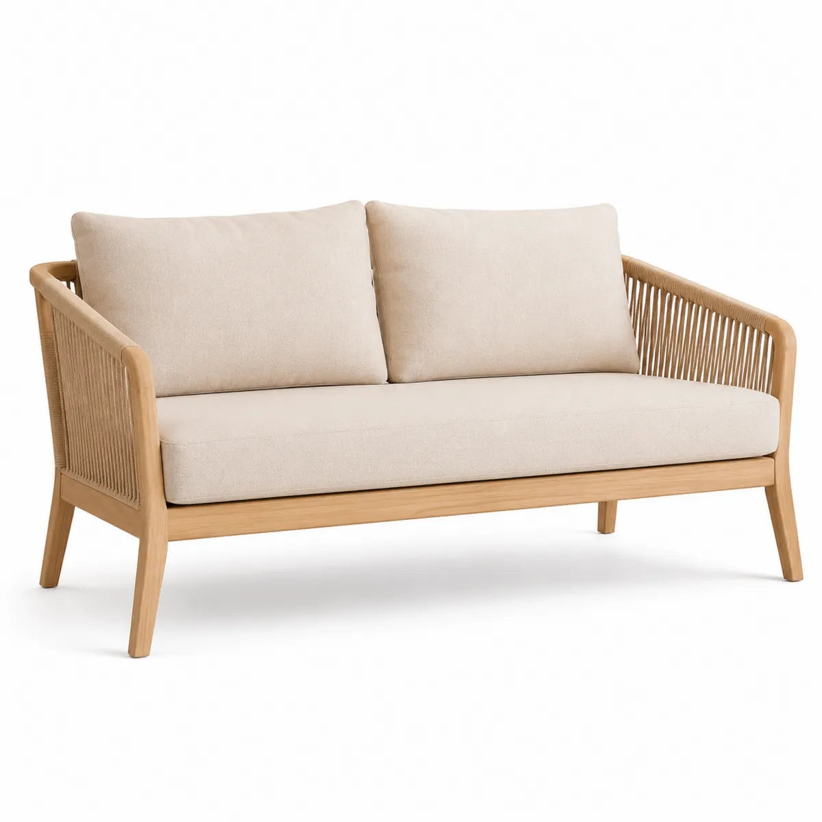Drewniana sofa dwuosobowa z beżową tkaniną