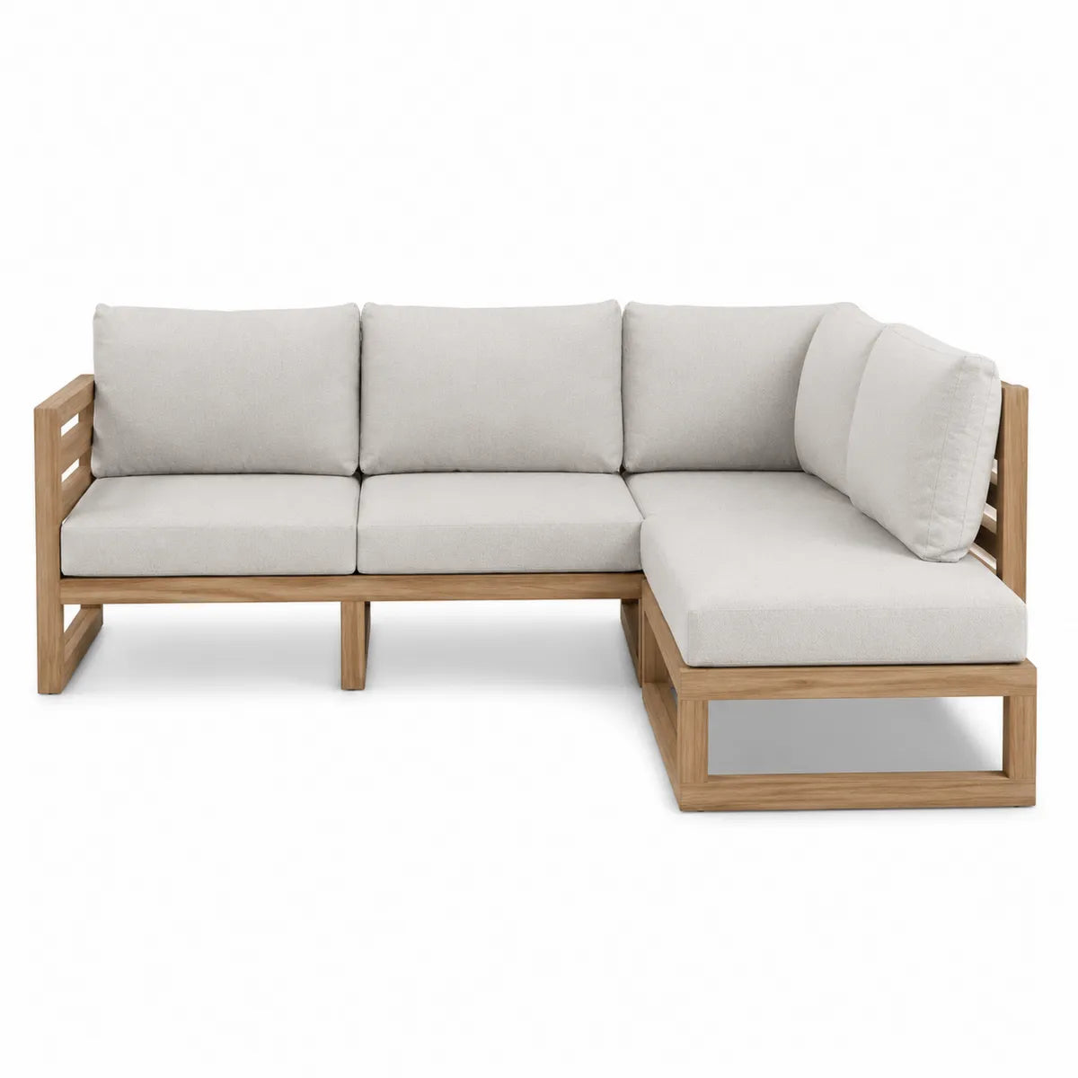 Narożna sofa z drewna tekowego z beżowymi poduszkami 210x210x80 cm