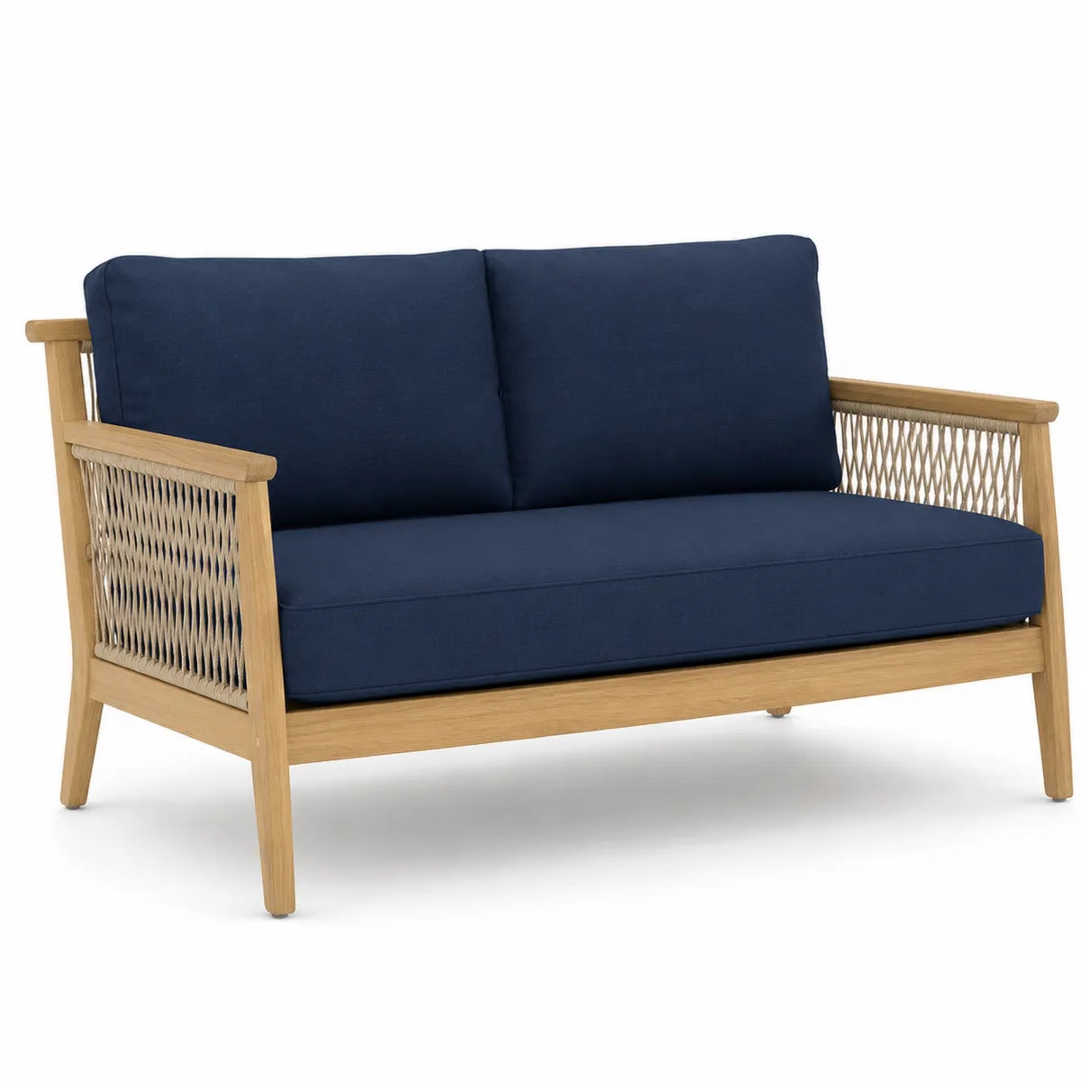 Sofa ogrodowa dwuosobowa drewno tekowe granatowa tkanina
