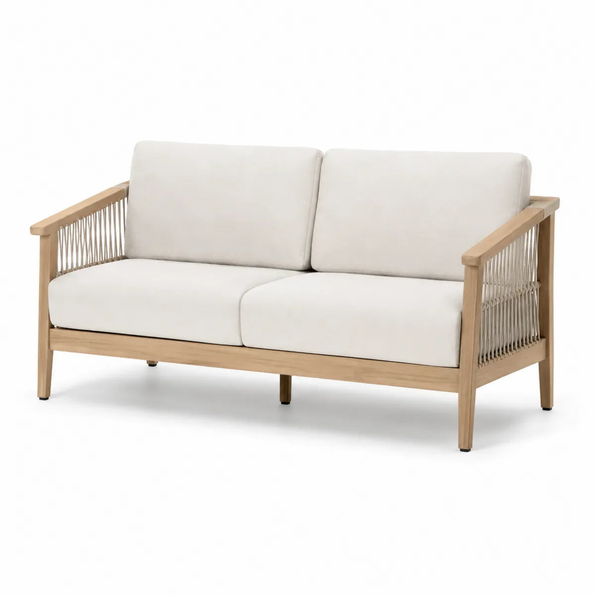 Dwuosobowa sofa z drewna tekowego z kremowymi poduszkami 160 cm