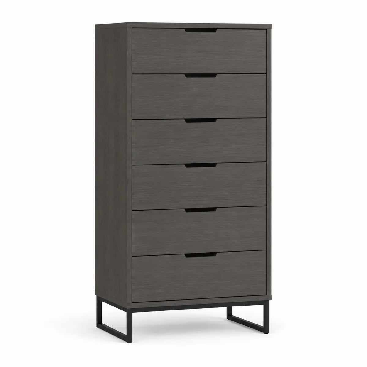 Szara komoda wysoka z 5 szufladami, dąb i metal, 80x45x130 cm