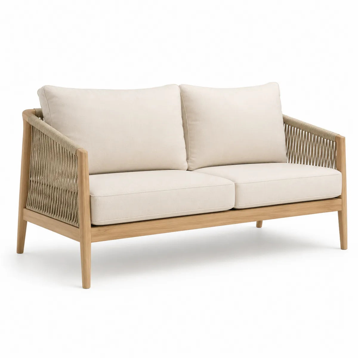 Dwuosobowa sofa z drewna tekowego i tkaniny w kolorze beżowym