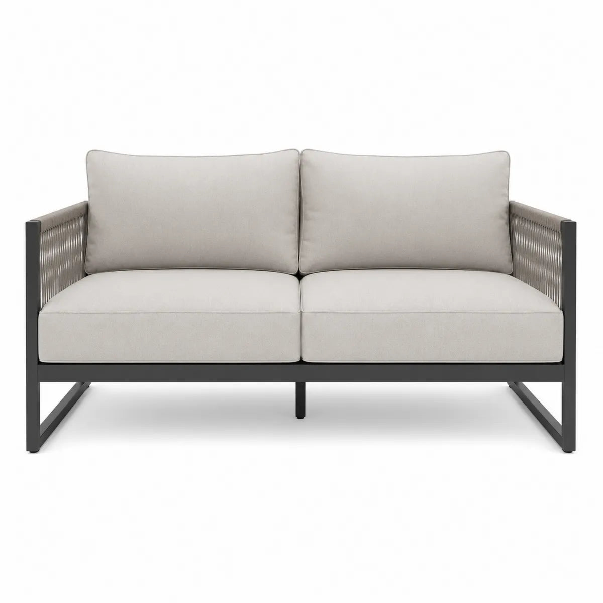 Szara sofa ogrodowa z aluminiową ramą i poduszkami