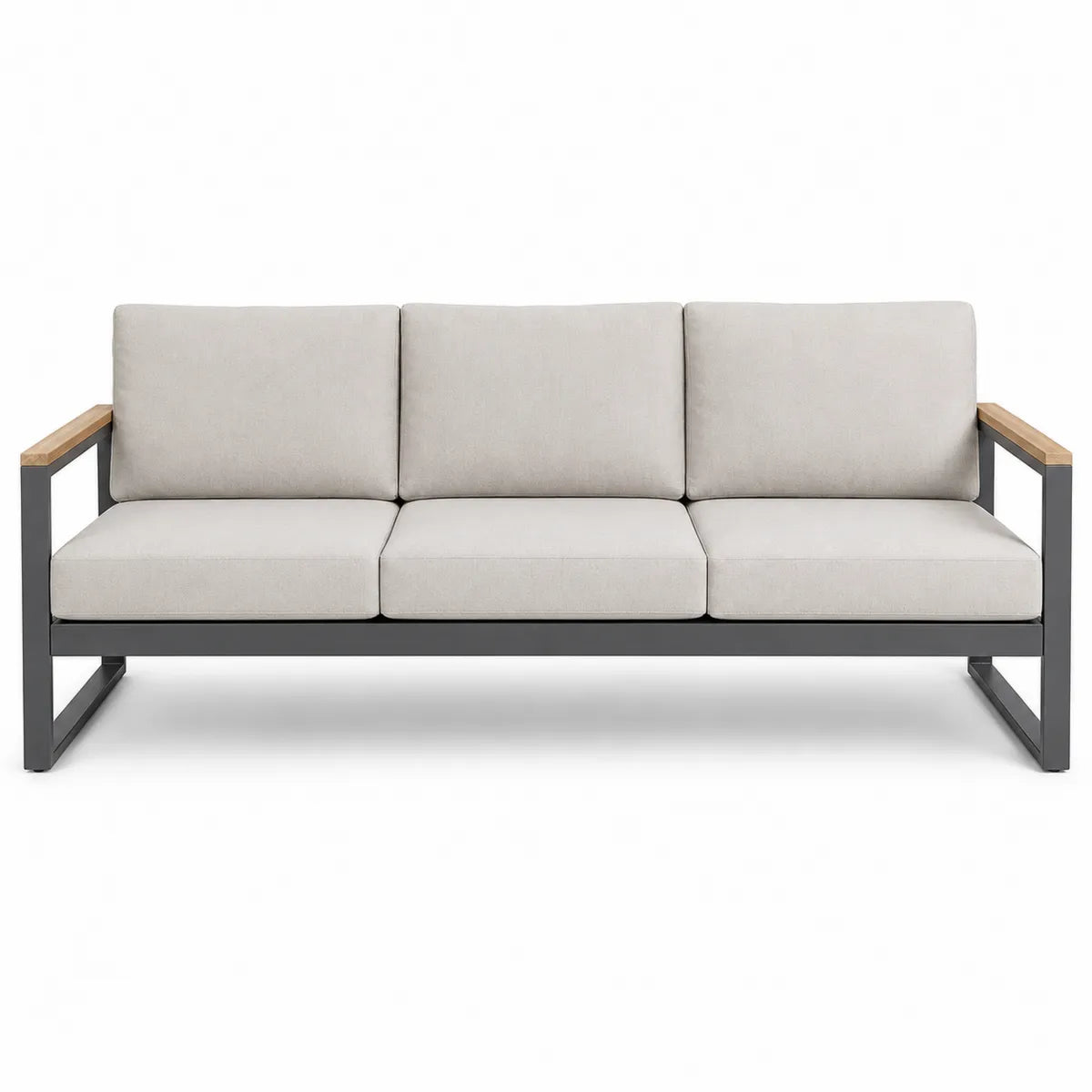 Beżowa sofa ogrodowa 3-osobowa, metalowa z drewnianymi podłokietnikami