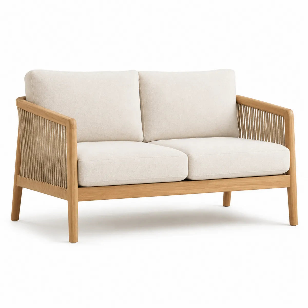 2-osobowa sofa drewniana z poduszkami kremowa