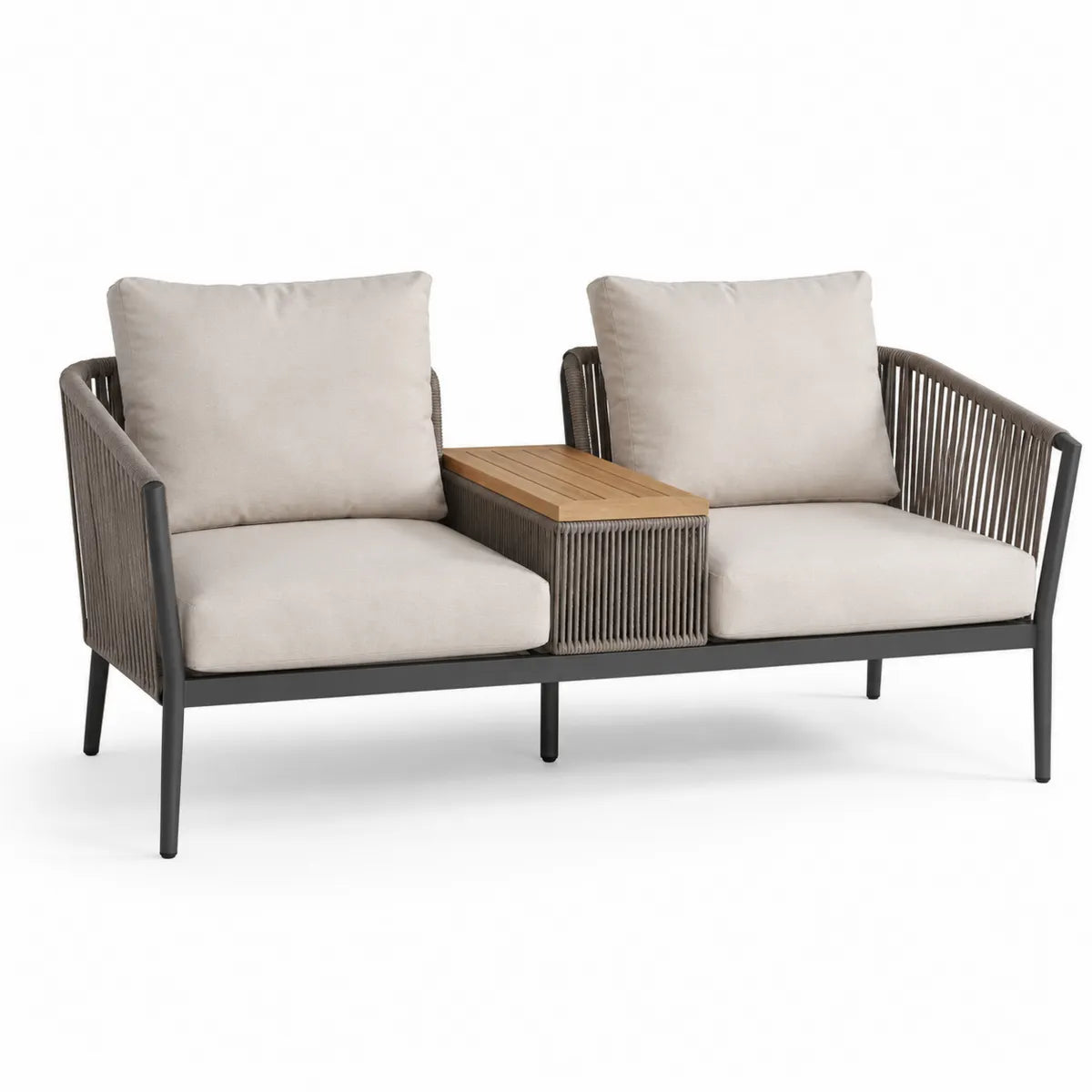 Podwójna sofa ogrodowa aluminiowa z teakowym stolikiem