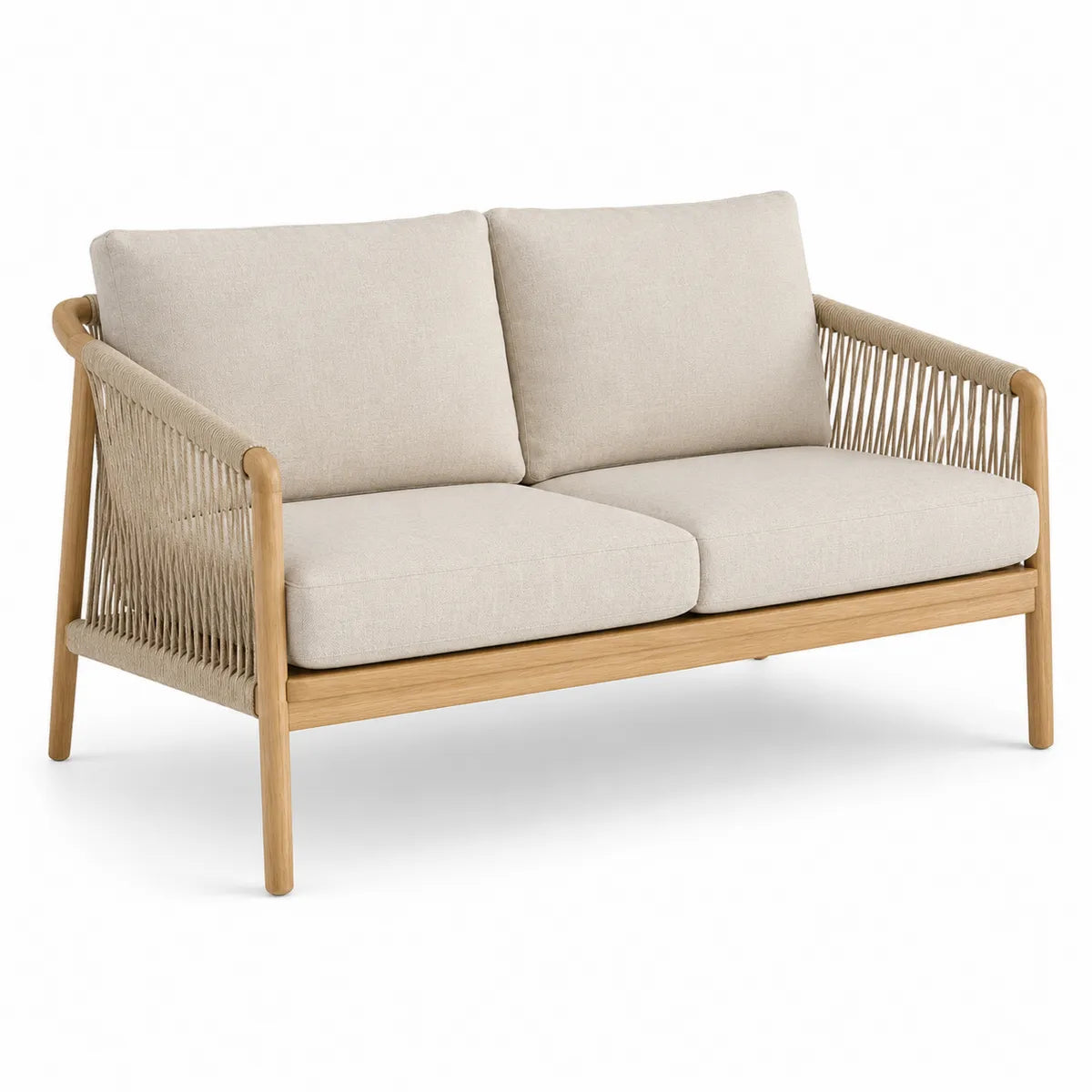 Beżowa sofa dwuosobowa z drewna akacjowego i poliestru
