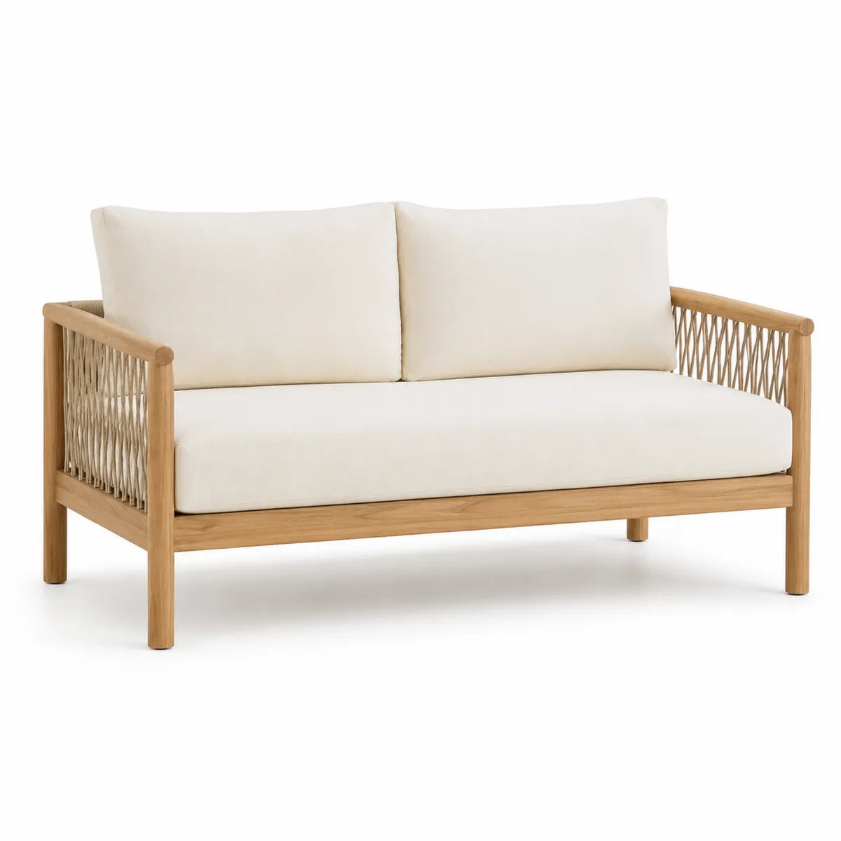 Dwuosobowa sofa z drewna tekowego z białymi poduszkami z poliestru