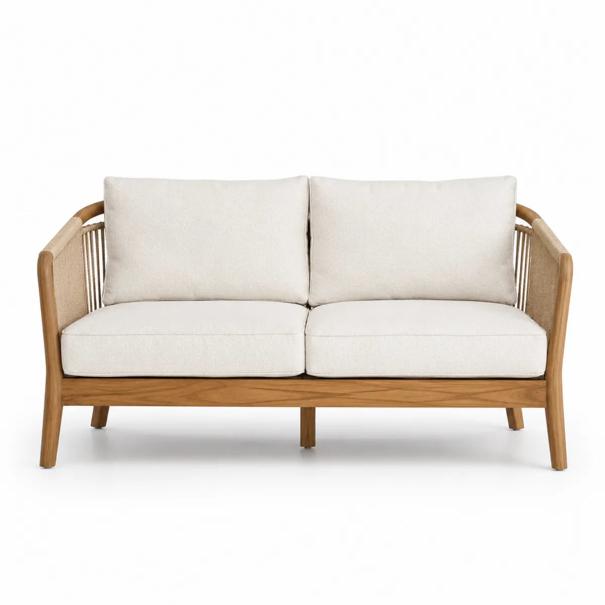 Dwuosobowa sofa z drewna teak i kremowej tkaniny