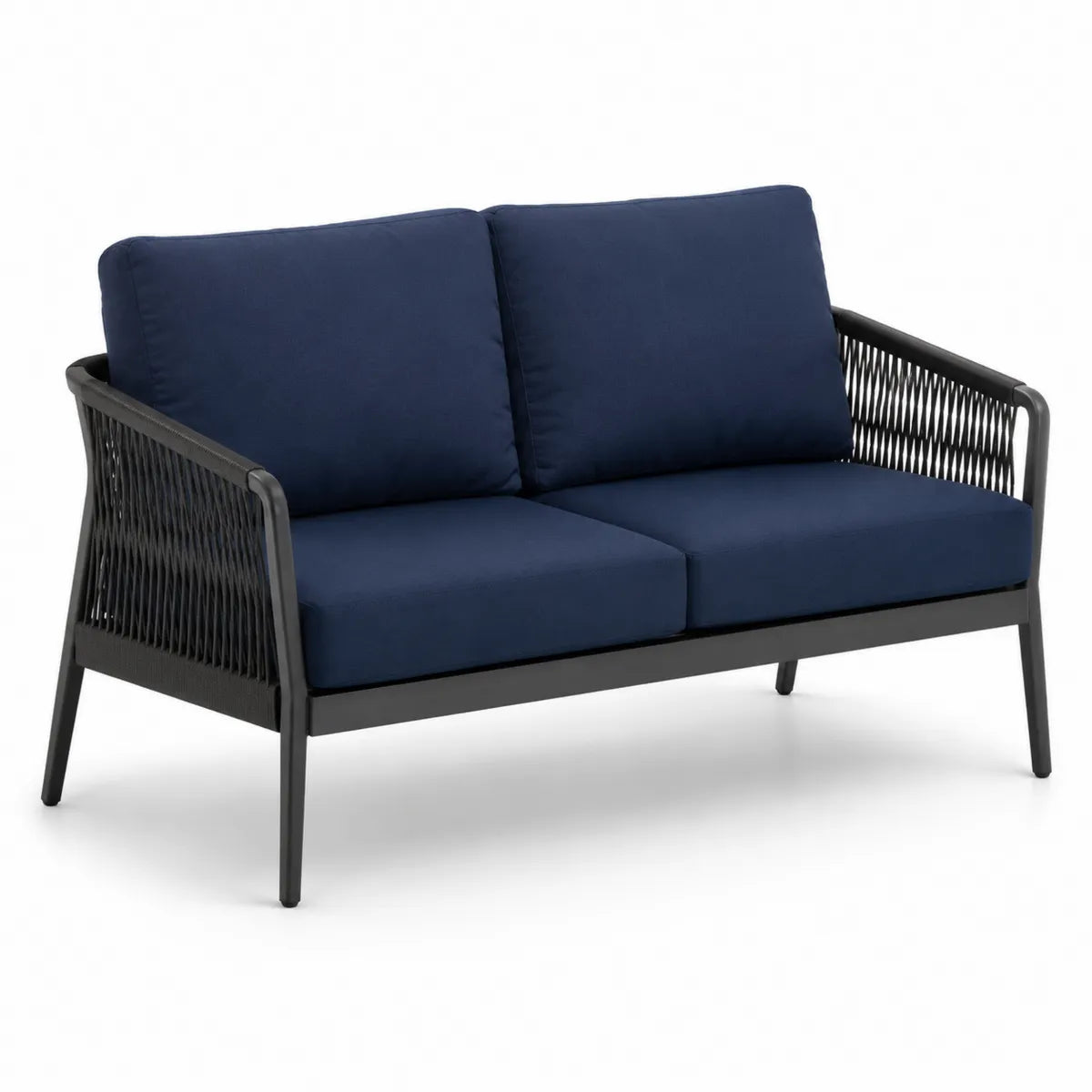 Dwuosobowa sofa ogrodowa z aluminiową ramą i granatowymi poduszkami