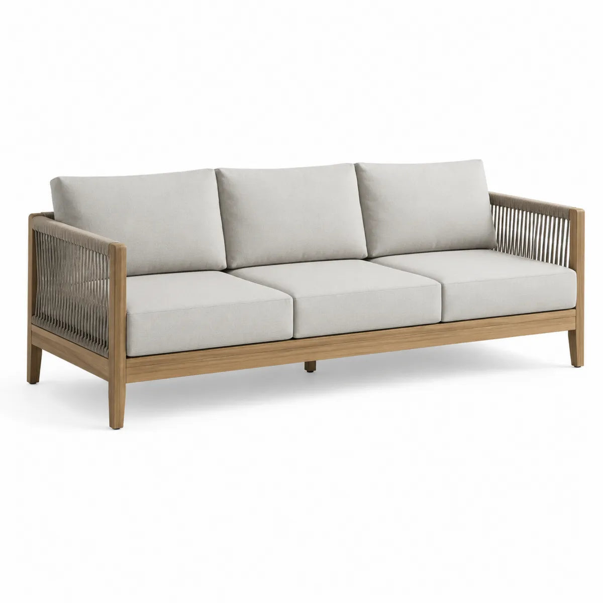 Sofa 3-osobowa z drewna jasnoszara z plecioną liną