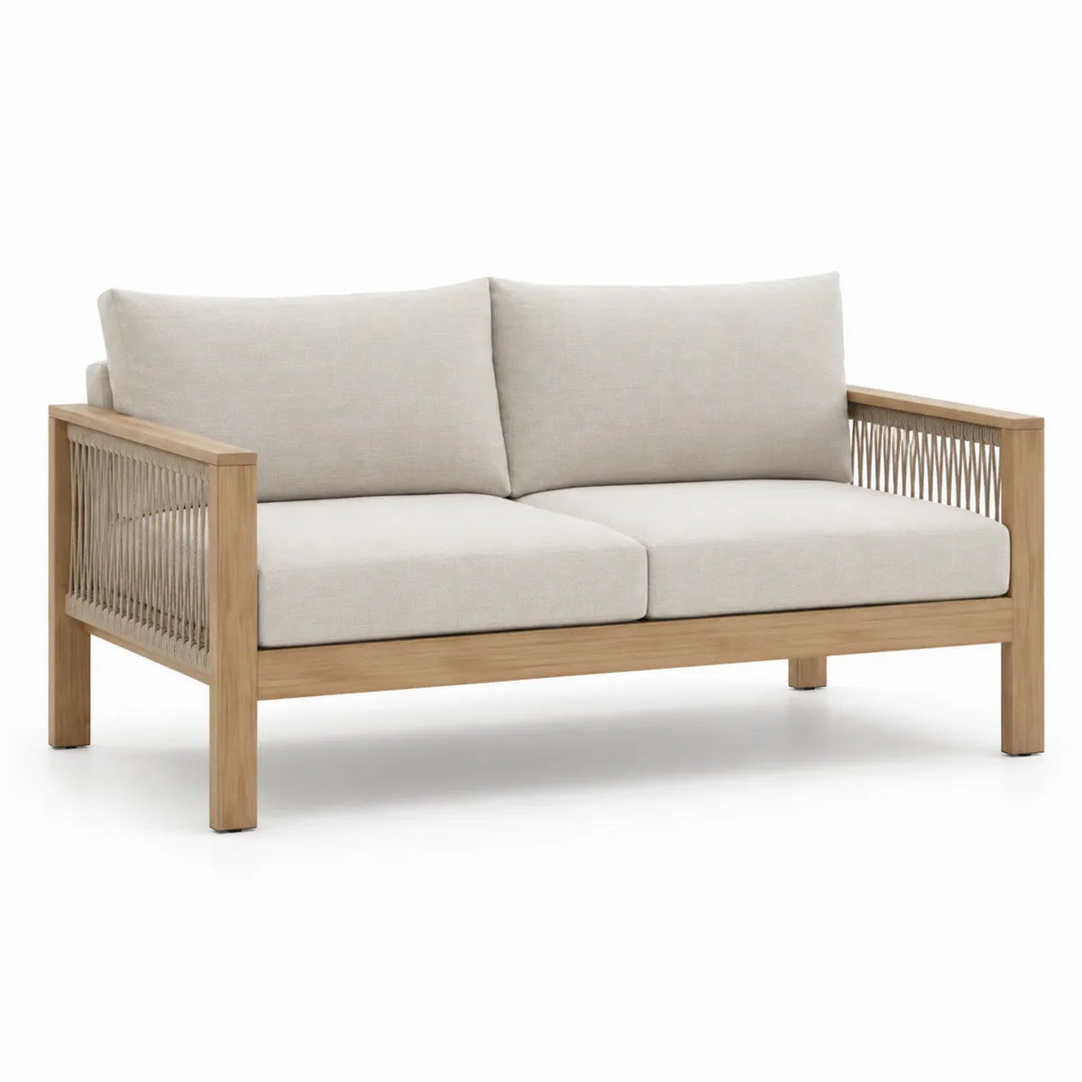 Dwuosobowa sofa z drewna tekowego i tkaniny poliestrowej beżowej 180 cm