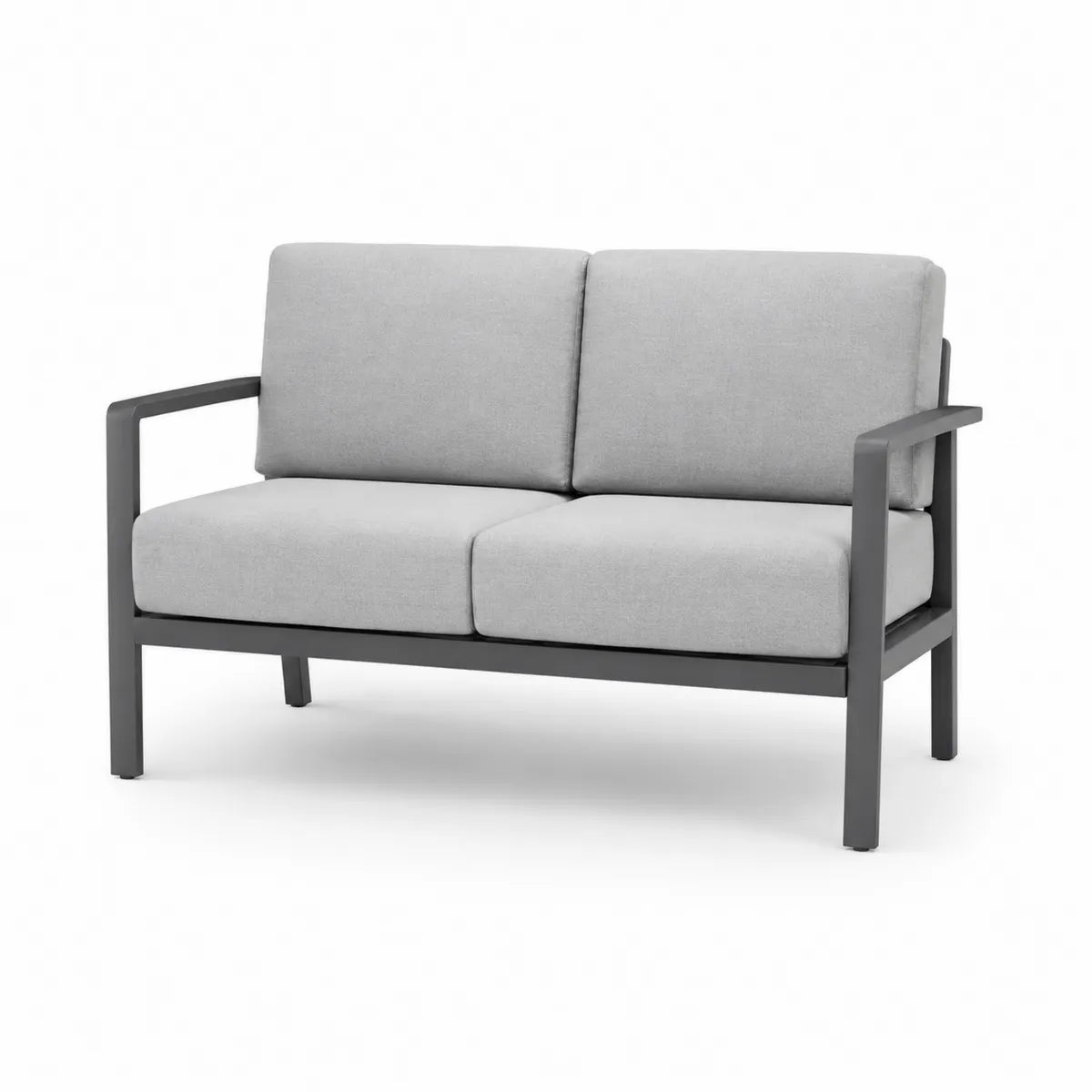 Aluminiowa sofa ogrodowa z jasnoszarą tapicerką