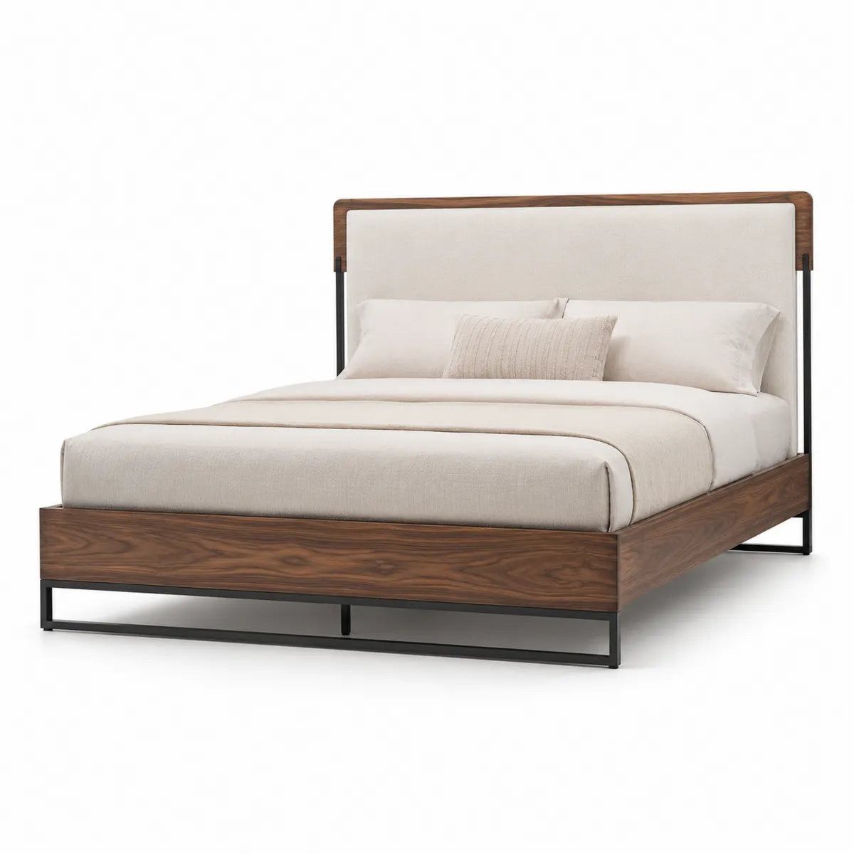 Łóżko drewniane z tapicerowanym zagłówkiem kremowe i metalowym stelażem 200x160cm