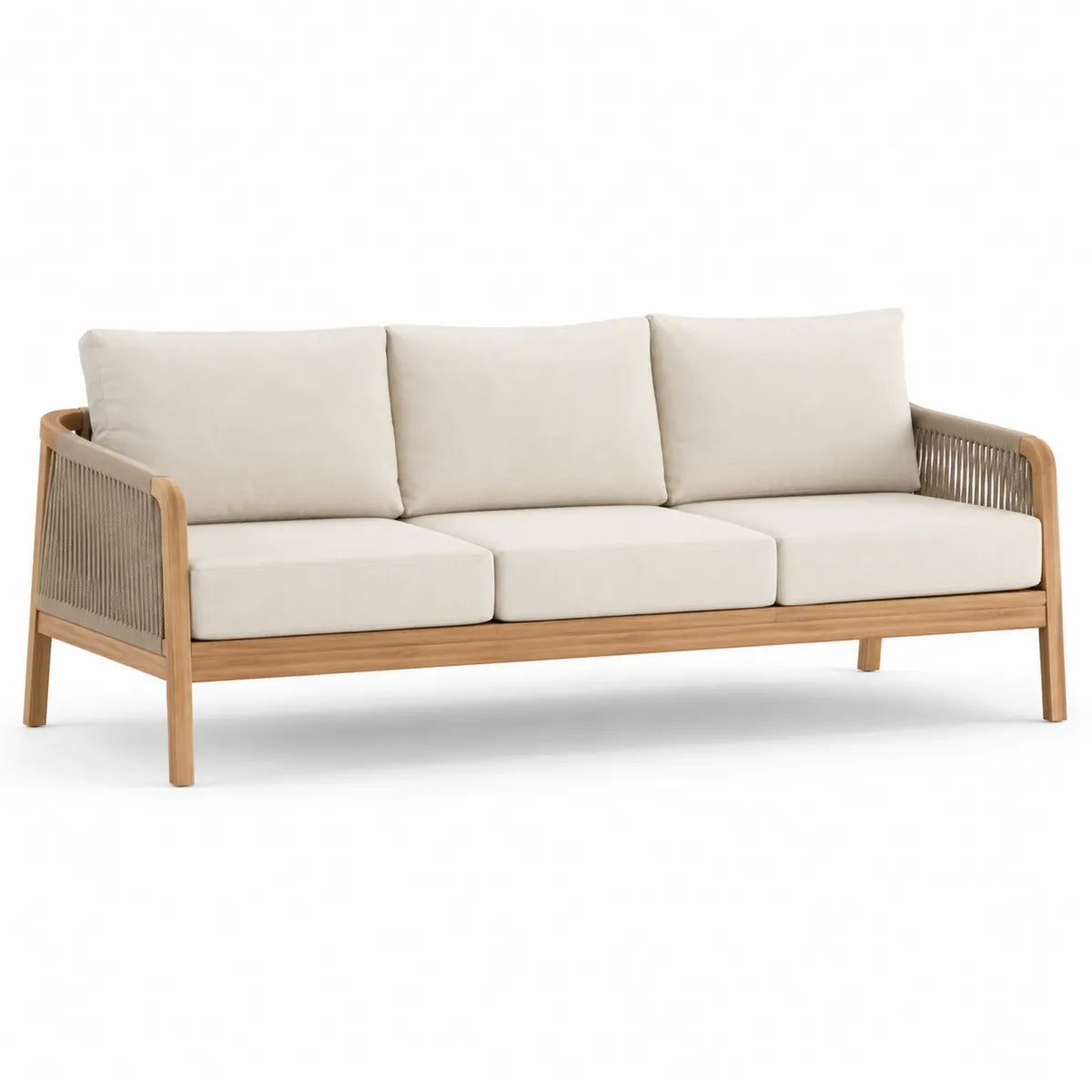Sofa ogrodowa 3-osobowa z drewna tekowego i sznura beżowa 200x80x85 cm