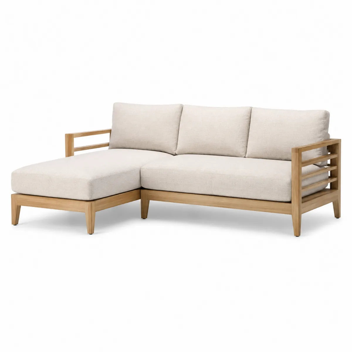 Sofa narożna z poduszkami beżowa drewno tekowe