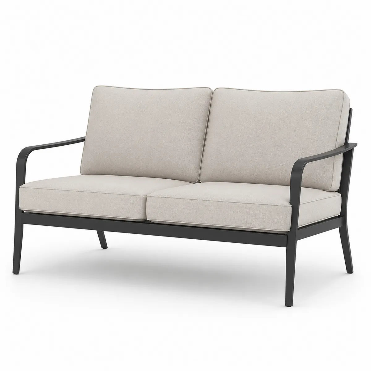 Dwuosobowa sofa ogrodowa z beżowymi poduszkami i aluminiowym stelażem