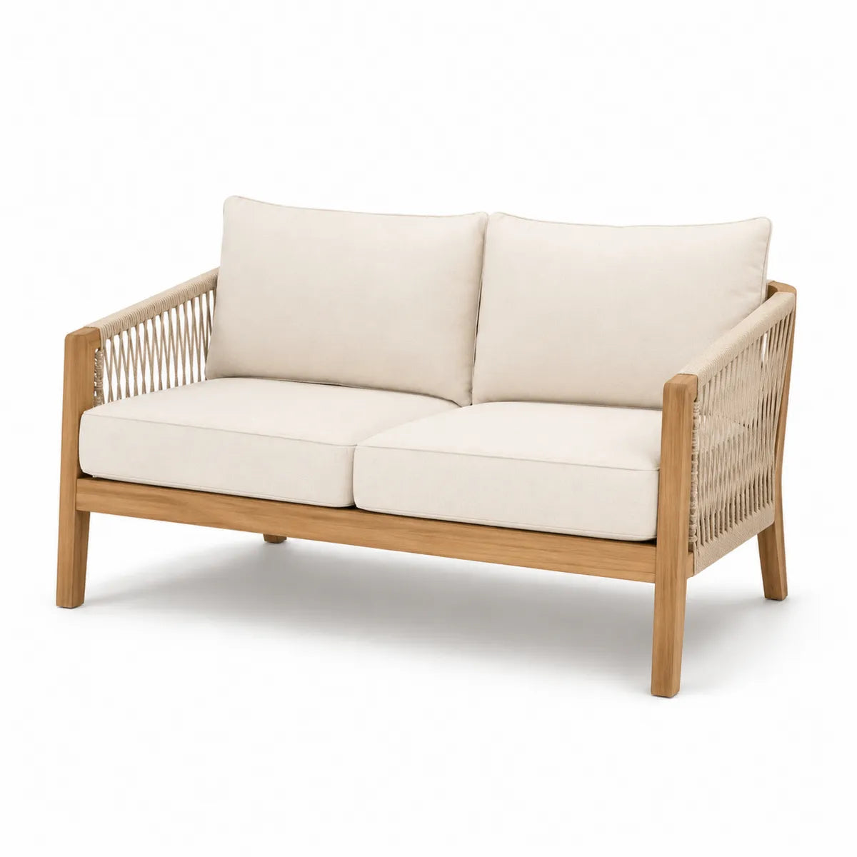 Sofa dwuosobowa z drewna tekowego i sznurka poliestrowego, beżowa 140cm x 75cm x 80cm