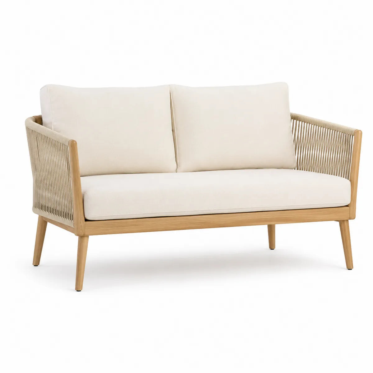 Sofa dwuosobowa z drewna teak i beżowymi poduszkami