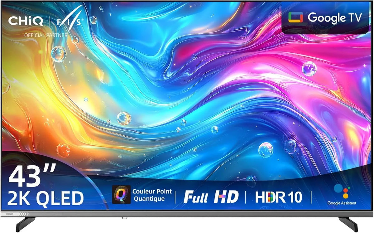 CHiQ telewizor, Google L43QST Smart TV, 43 cali, TV, QLED, HDR, potrójny tuner DVB- T2, S2, dźwięk Dolby, HDMI, Full HD, Prime Video & HBO Max, Dolby Audio DVB-T2
