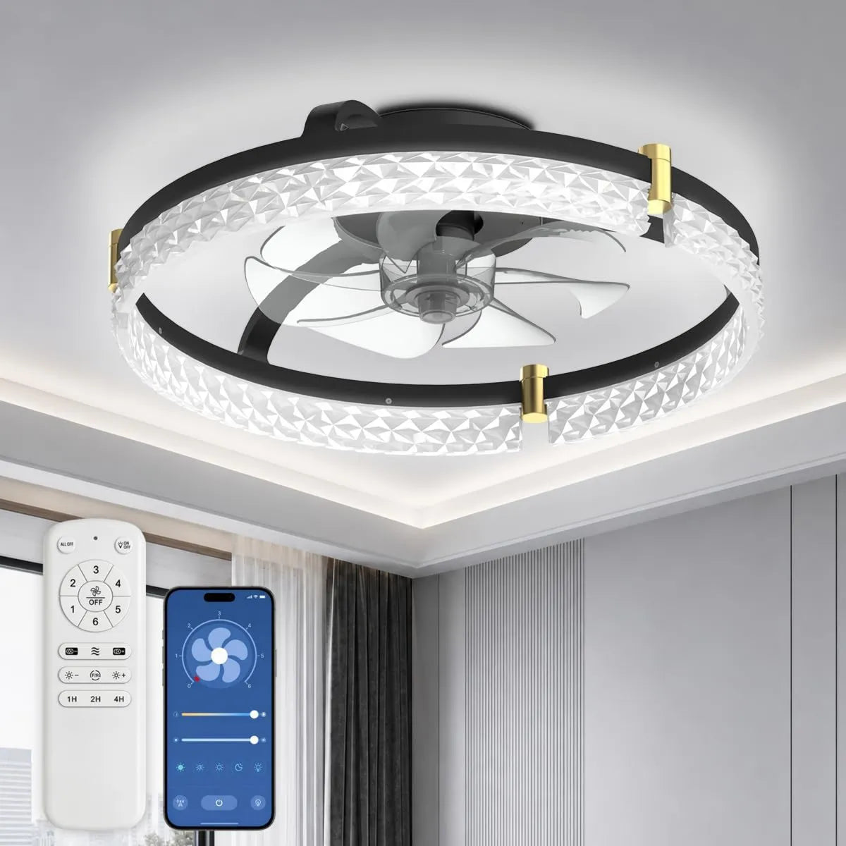 Airwit, Wentylator, 48 cm, cichy, czarny, zintegrowany i przyciemniany LED lampy, Sterowanie aplikacją, odwracalny silnik prądu stałego