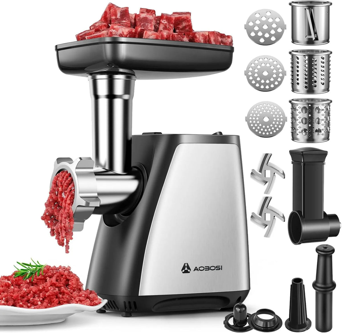 AAOBOSI maszynka do mięsa, 4- In-1 Kit Kubbe, Chusteczka do mięsa, do kuchni domowej, 2800 W Max, z 3 ostrzami do cięcia, 2 Ostrza, Drapanie, Pianka do kiełbasy 4-En-1