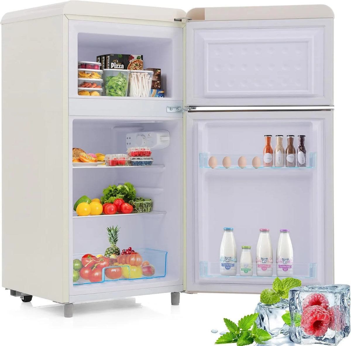 Lodówka z zamrażarką, 39 dB, Lodówka w stylu retro, model z podwójnymi drzwiami, pojemność lodówki 51 litrów, zużycie energii 120 kWh/rok