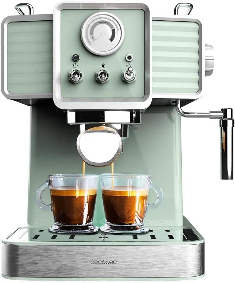 Cecotec ekspres ciśnieniowy, 1350 W, 20 bar, funkcja pary, Espresso i Cappucicno, 20 barów i Thermoblock, Wzór Vintage, Pojemność 1,5 litra