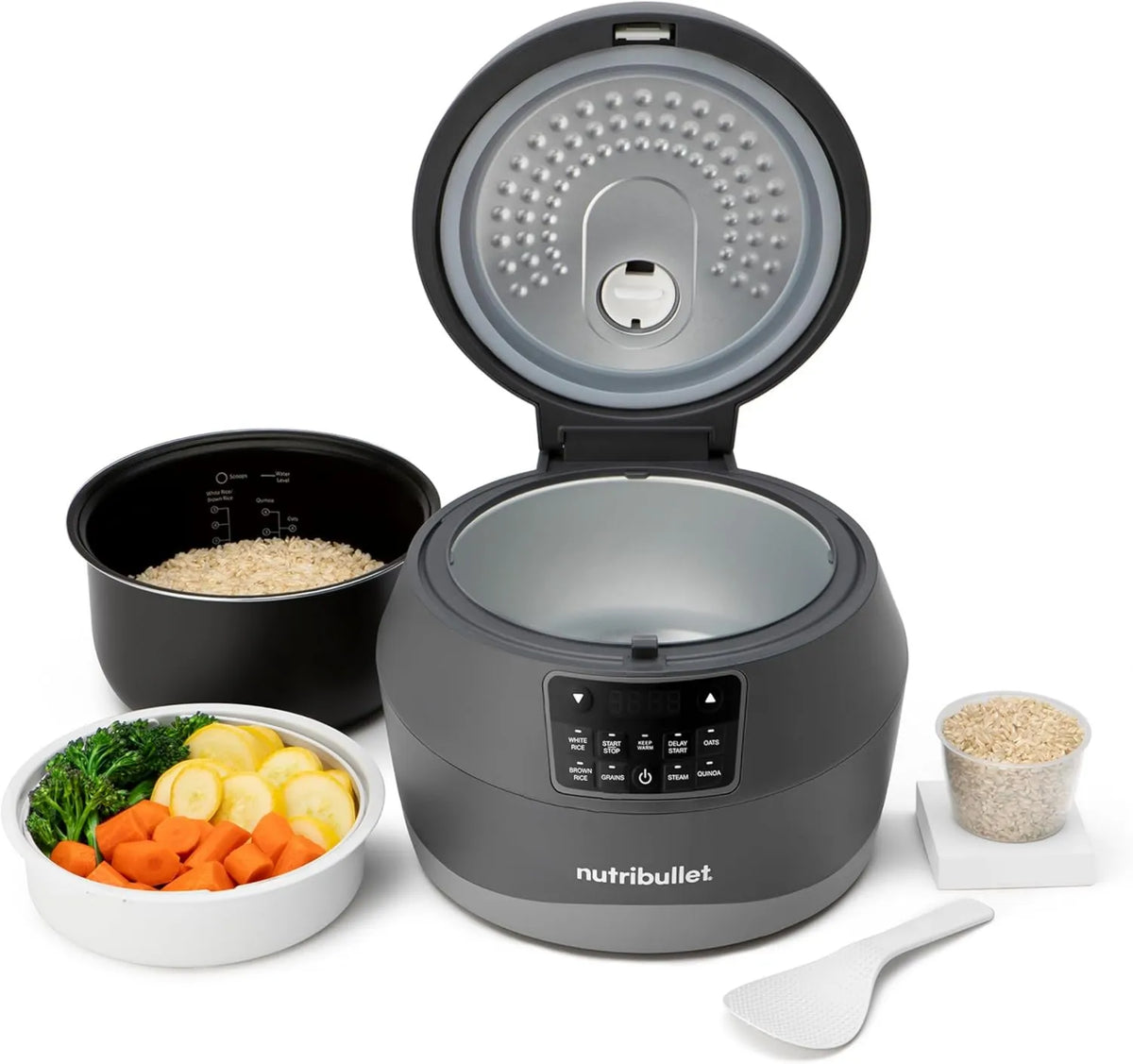 NutriBullet ryżowar, 12h NBRC605DG kuchenka, kuchenka, 600 W, 5 programów, hot hold, para, szary, szkło