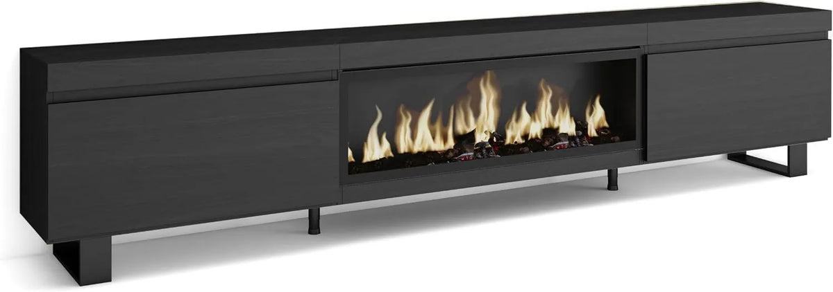Skraut Home, Szafka TV, 267x57x35 cm, przemysłowy, czarny, XXL elektryczny kominek, duży format TV