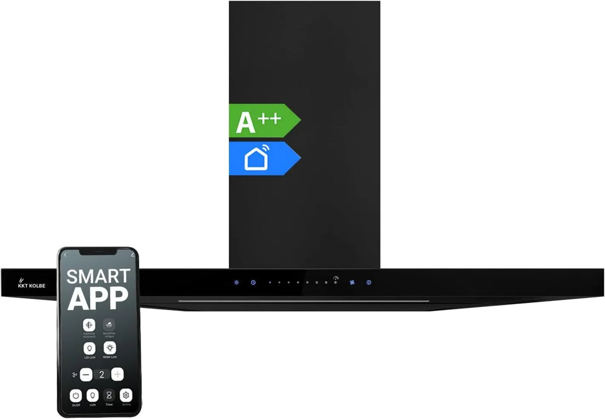 KKT KOLBE okap kuchenny, Okap próżniowy FLT9006S, 90 cm, instalacja ścienna, dotyk, WiFi, stal nierdzewna, czarne, szkło czarne FLAT9006S