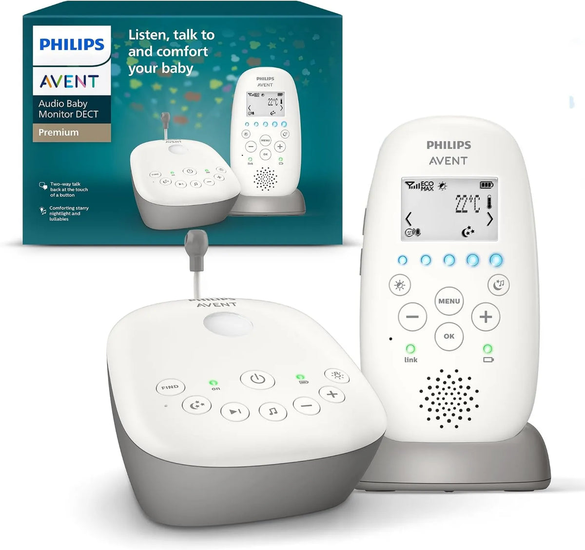 PHILIPS, SCD733 / 26 kołysanka, Avent DECT, dla Audio Baby Listener z zegarkiem projekcyjnym Star, zakres 330 m, zasięg 24-godzinny SCD733/26