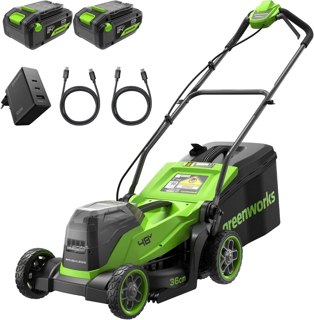 Greenworks, 4Ah Ans- MO48 L421- 01 Bateria, Ładowarka, Silnik, Szczotka, 35 cm, 40 l, 48 V, 24 V, Bezprzewodowy Ans-MO48 L421-01