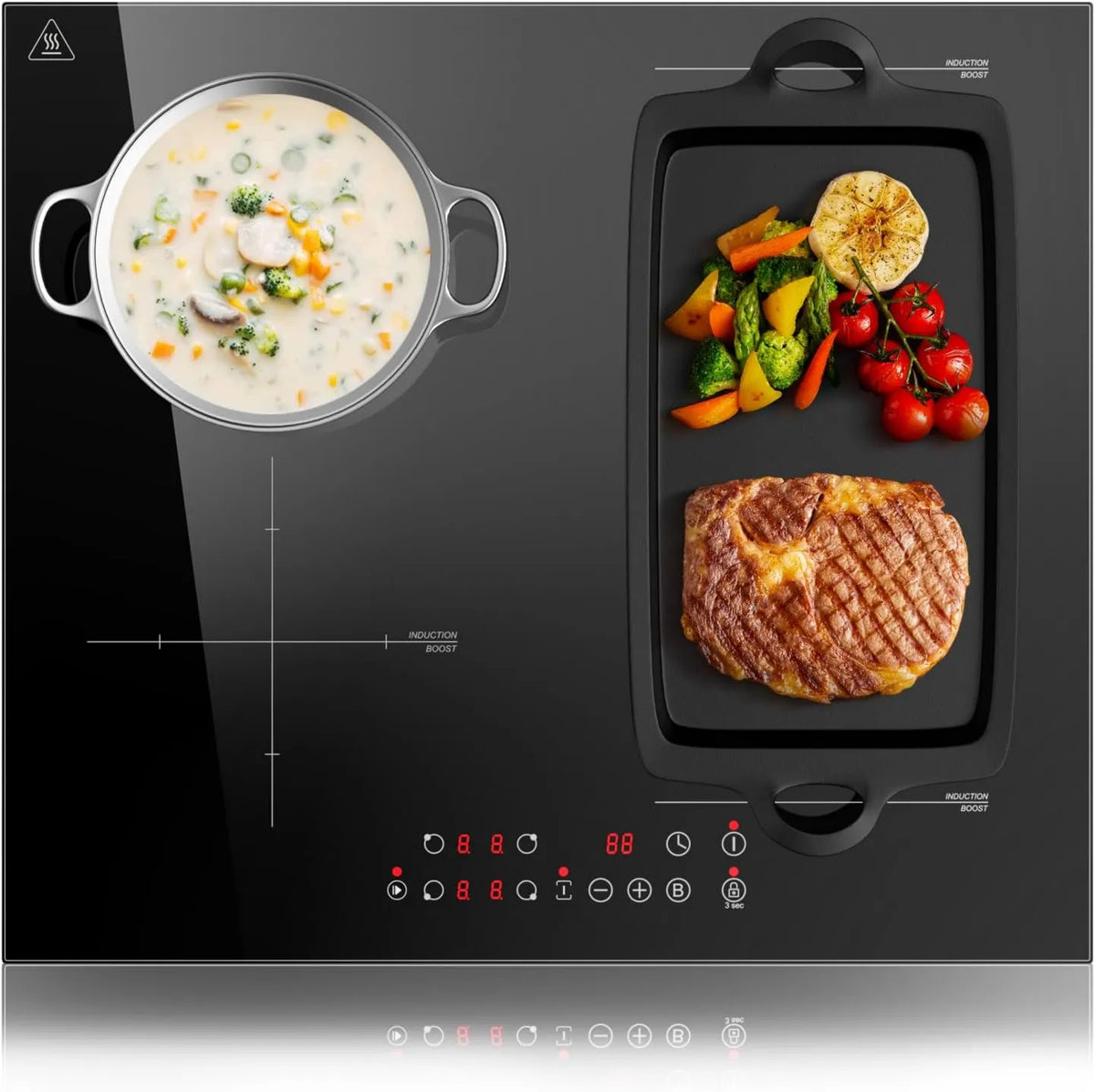KICHPOWER płyta grzewcza, Płyta indukcyjna, 60 cm, 4 pola grzewcze, 6000 W, stół indukcyjny gotowania, elastyczny obszar, Boost, dotyk, zwrotny, licznik czasowy, 1-99 Min