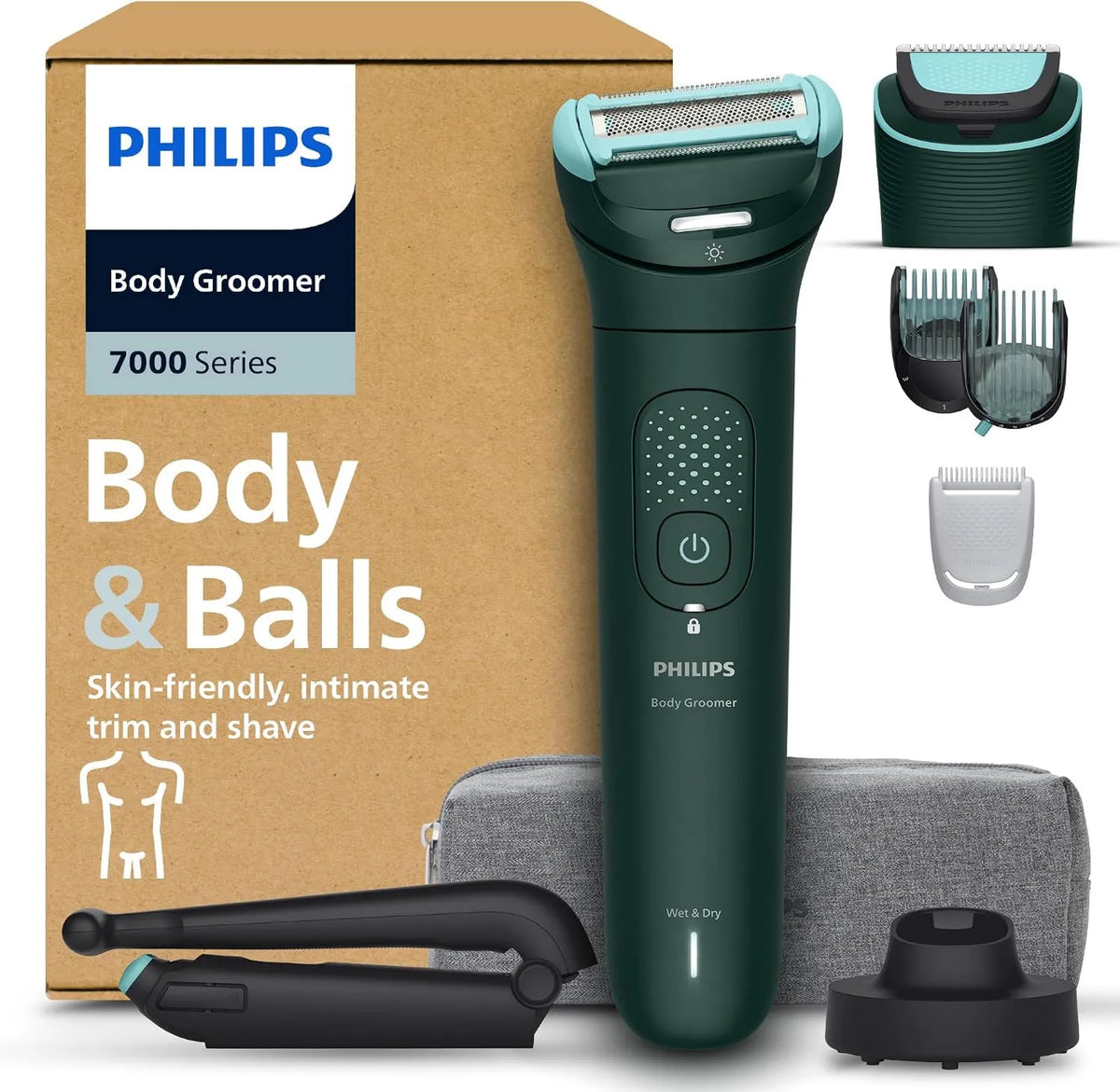 PHILIPS, BG7485 / 30 Kosiarka męska, wymienne głowice, 7000 Series Bodymyer, 3D elastyczna głowica Trójkołowe zabezpieczenie, 100% wodoodporny, rozmiar i BG7485/30