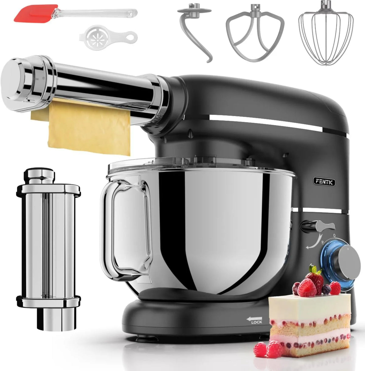 Fentic robot kuchenny, Maszyna do makaronu, 6, 2 l, 2000 W, czarna, 2 l Mixer miska