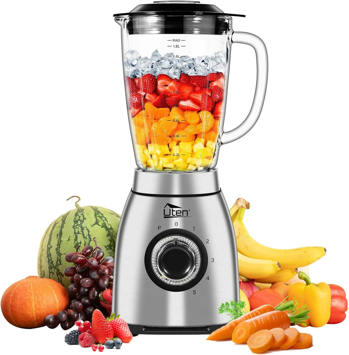 Uten blender kielichowy, Mikser, 2 l, 1800 W, stal nierdzewna, Impulse i 5 prędkości, 6-paski