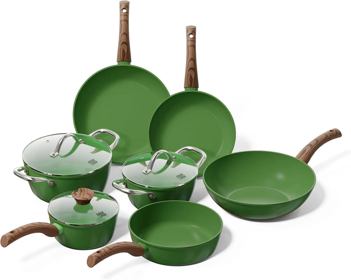 Cook and Pan, Bateria, bateria patelni i patelni, powłoka non@-@ stick, 7 sztuk, zielony, aluminium, kuchnia Go zielony 7 części - Indukcja