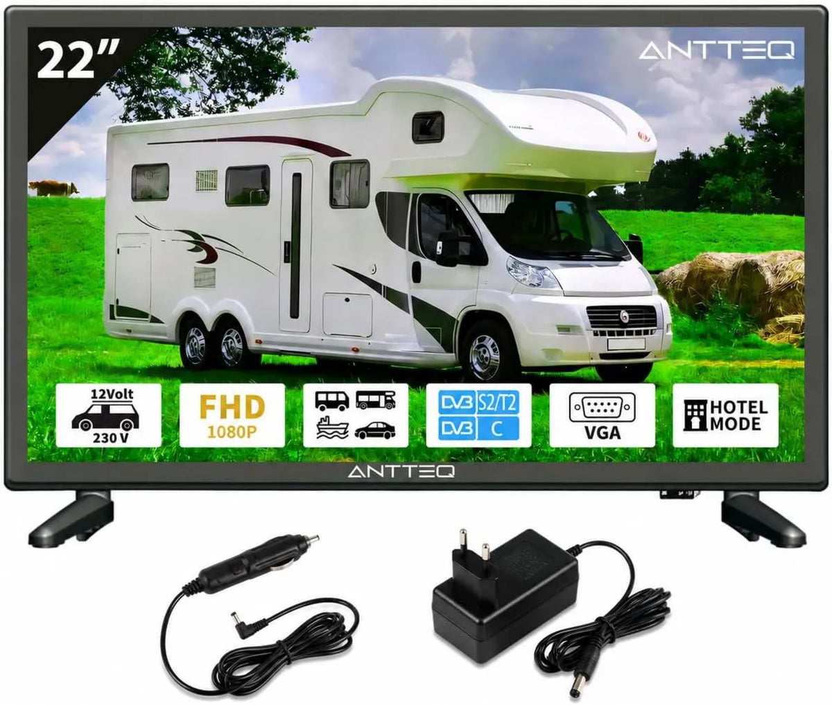 Antteq telewizor, Smart TV, 22 cale, 12 V, E- class, TV, AE22F5C- T21, potrójny tuner DVB- T2, S2, kemping, Audio Dolby, 55 cm, SCART & CI + AE22F5C-T21 DVB-T2
