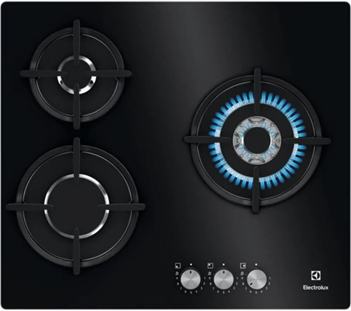 Electrolux płyta grzewcza, KGE6633NOK Gazowy, 60 cm, 3 pola grzewcze, Gazowy, Czarny, Powierzchnia Wok, Sterowanie przednie, Natychmiastowe ciepło, zapłon