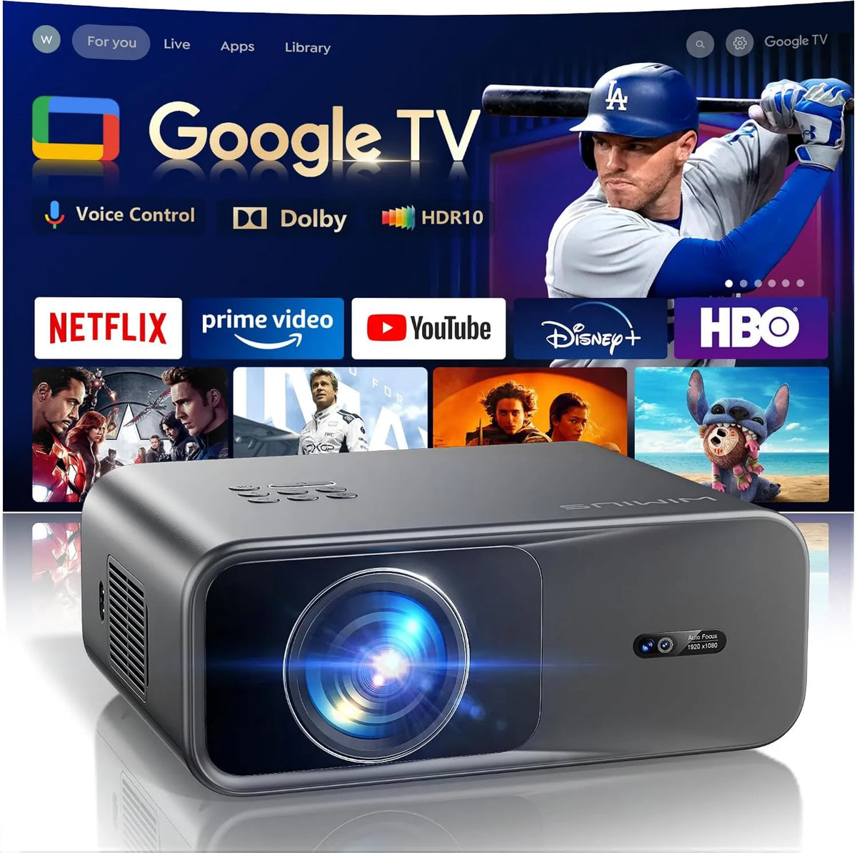 Projektor, 1000 ANSI, HDR10, Full HD, sterowanie WiFi, łączność Bluetooth, Projektor 4K z Google TV & Netflix/Disney+, Dolby Audio, korekcja trapezowa