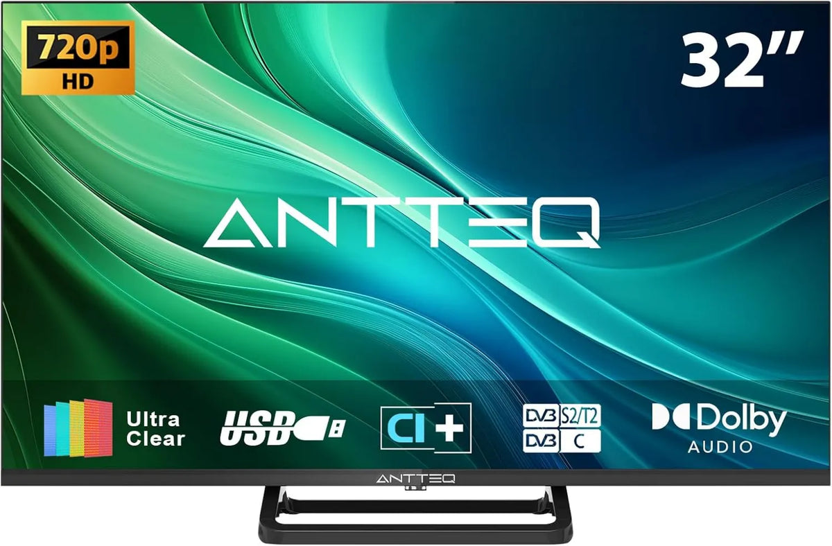 Antteq telewizor, 720p T2, S2, 32 cali monitor, dźwięk Dolby, DVB- T2, HDMI, USB, czarny, centralny Freeview HD Dolby Audio DVB LED, standardowy nieinteligentny TV DVB-T2